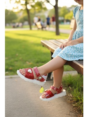 Enoch Kalp ve Inci Detaylı Kırmızı Işıltılı Dokulu Kız Çocuk Sandalet