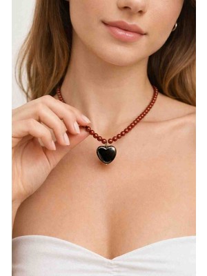 Cunda Doğal Taş Design Akik Doğal Taş Kolye Hematit Kalp Uçlu