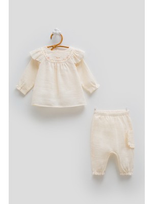 Caramell Only Flowers Omuz Fırfırlı Müslin Takım - Bej - 74-80 cm Bej