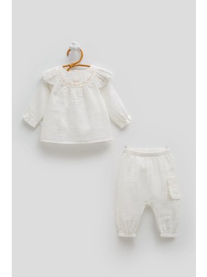 Caramell Only Flowers Omuz Fırfırlı Müslin Takım - Ekru - 74-80 cm Ekru