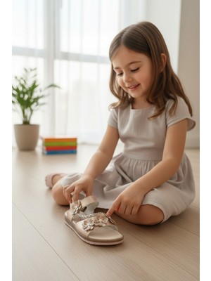 Enoch Üçlü Çiçek Figürlü ve Örgü Bant Detaylı Zarif Kız Çocuk Sandalet