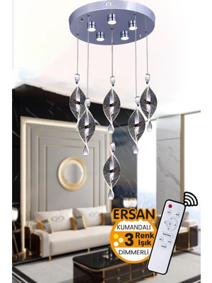 Luna 6'li Krom Kumandalı 3 Renk Işık Özellikli Dimmerli Modern Sarkıt LED Avize Salon Mutfak Avize