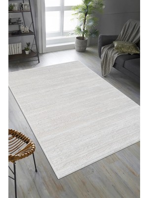 Cinka Home Şık Tasarımlar Yumuşak Iplik Antialerjik Tozumaz Dokuma Pamuk Taban Makine Halısı Cizgili Krem