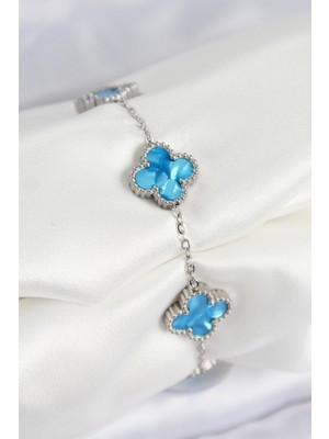 Hopinip 316L Çelik Sedefli Gökyüzü Mavisi Gümüş Renk Yonca Kadın Bileklik - Lisinya