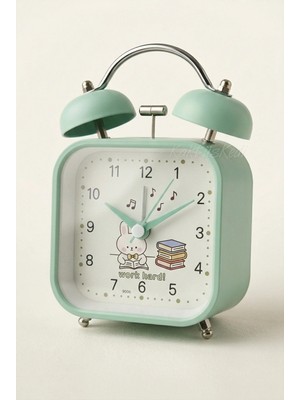 KaktüsKedi Sevimli Yeşil Çanlı Metal Masa Saati - Sessiz Akar Saniyeli, Işıklı, Alarmlı Çocuk Çalar Saat