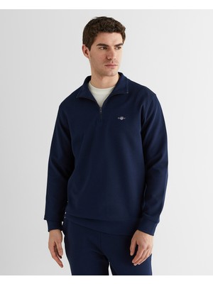 Gant Erkek Lacivert Relaxed Fit Yarım Fermuarlı Logolu Sweatshirt 2526142T.433