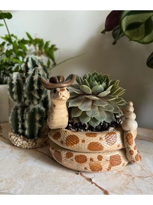Bi'şeyler Concept El Yapımı Seramik Kovboy Yılan Figürlü Dekoratif Sukulent ve Kaktüs Saksısı