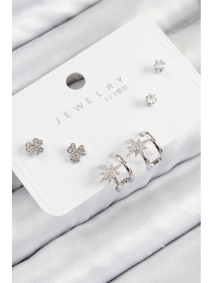 Hopinip Pirinç Zirkon Taşlı Kutup Yıldızı Model Gümüş Renk 925 Ayar Gümüş Çivi Kadın Küpe Set - Lisinya