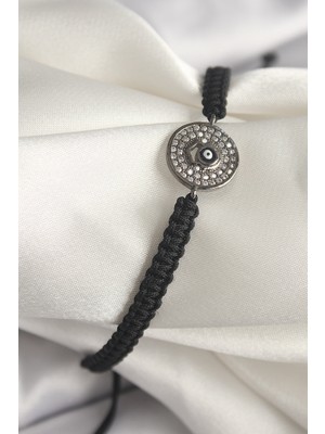 Hopinip Pirinç Füme Renk Zirkon Taşlı Nazar Boncuk Işleme Makrome Asansörlü Model Kadın Bileklik - Lisinya