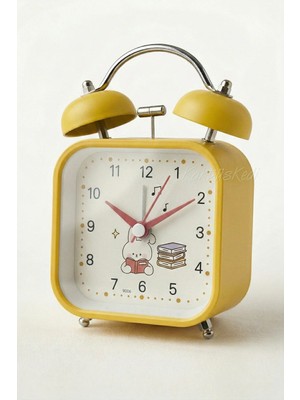 KaktüsKedi Sevimli Sarı Çanlı Metal Masa Saati - Sessiz Akar Saniyeli, Işıklı, Alarmlı Çocuk Çalar Saat