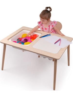 Rozitoys Montessori Çocuk Ahşap Oyun Etkinlik Çalışma Masası Seti, Sandalyeli ve 2 Saklama Alanlı