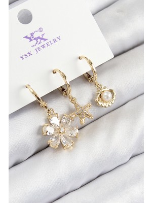 Hopinip Pirinç Zirkon Taşlı 3'lü Istiridye ve Çiçek Model Gold Renk Kadın Küpe - Lisinya