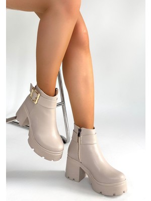 Hopinip Pinma Bej Cilt Topuklu Bot - Lisinya