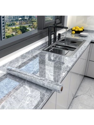 Hopinip Mermer Desenli Mutfak Duvar Kağıdı Sticker - 5MX60CM Su Geçirmez, Yağa Dayanıklı, Yüksek Sıcaklığa Dayanıklı Tezgah, Dolap, Ocak Yenileme Folyosu T04 ( Lisinya )