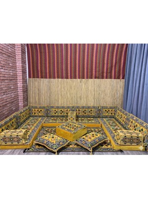 Coton Şark Köşesi Minder, Kilim, Orta Puf Takımı Konsept Sarı 18 Parça