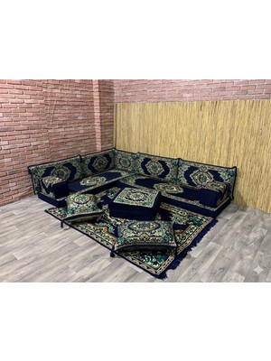 Coton Şark Köşesi Lüks Yer Minderi, Kilim Takımı Konsept Lacivert 13 Parça
