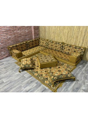 Coton Şark Köşesi Minder, Kilim, Orta Puf Konsept Sarı 13 Parça