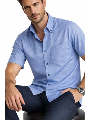 Varetta Erkek Mavi Gömlek Kısa Kollu Geniş Kesim Yaka Düğmeli Pamuk Saten