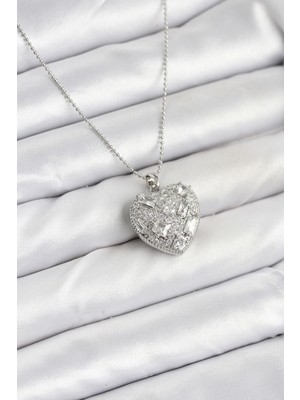 Hopinip 316L Çelik Zincir Gümüş Zirkon Taşlı Kalpli Kadın Kolye - Lisinya