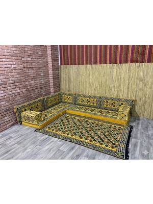 Coton Şark Köşesi Minderi Şili Desenli 120x180 cm Kilim Takımı Konsept Sarı Lacivert 10 Parça
