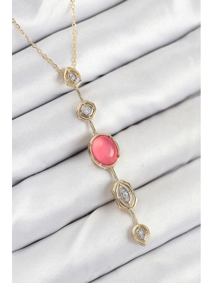 Hopinip Pirinç Zincir Pembe Gold Renk Zirkon Taşlı Y Kolye - Lisinya