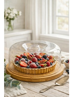 Denia Home Bambu Tabanlı Şeffaf Kapaklı Kek Fanusu Standı Pasta Sunum ve Saklama Kabı Büyük