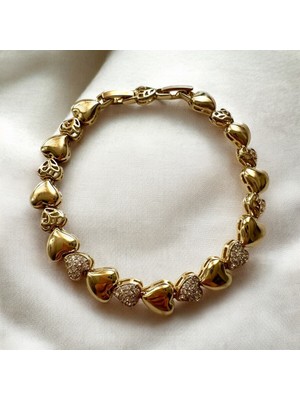 ALS Tasarım Dünyası Gold Renk Çelik Zirkon Taşlı Kalp Bileklik