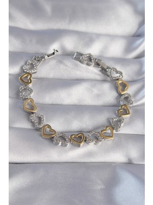 Hopinip Vip Seri Pirinç Çift Renkli Zirkon Taşlı Içi Boş Kalp Tasarımlı Bileklik - Lisinya