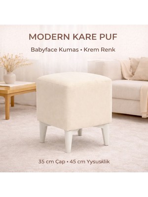 Armegeda Dekoratif Kare Puf 35X35X45 cm – Krem Babyface Kumaş, Beyaz Ahşap Ayaklı Modern Tasarım