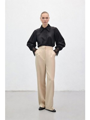 Sateen Kadın Ütü Çizgili Cepli Pantolon 1663-5527