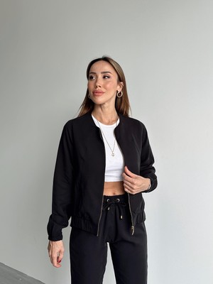 4S Women 4s Kadın Üstü Fermuarlı Montlu Çok Ince Kumaştan Pantolonlu Takım