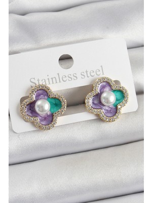 Hopinip Pirinç Mor Mineli Inci Detaylı Zirkon Taşlı Sanatsal Portre Yonca Model Gold Renk Kadın Küpe - Lisinya