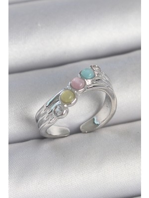 Hopinip Pirinç Gümüş Renk Zirkon Taş Detaylı Renkli Mineli Ayarlanabilir Kadın Yüzük - Lisinya