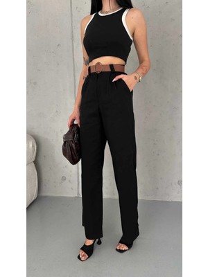 Boom Bester Kadın Keten Palazzo Kadın Pantolon Kemerli Beli Lastikli