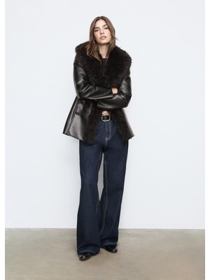 Allbucks Stradıvarıous, Midi Boy Deri Görünümlü Uzun Suni Kürklü Palto Kaban ABSTR3778