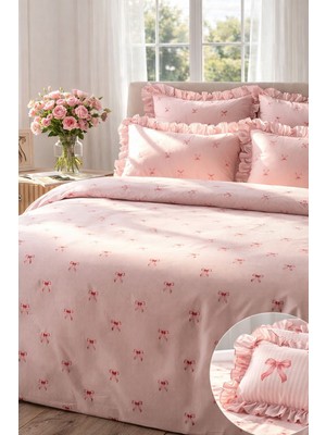 Uçkan Home %100 Pamuklu Fiyonk Desen Fırfırlı Çift Kişilik Nevresim Seti