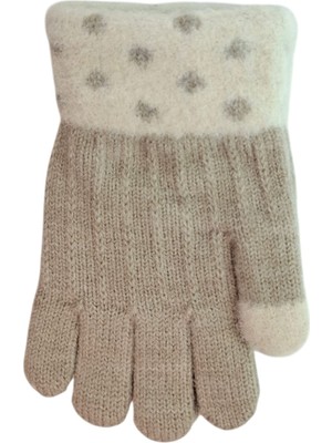 Kitti Spteks 4-8 Yaş Kız Çocuk Vizon Renk Düz Çizgili Desenli Kışlık Örme Eldiven