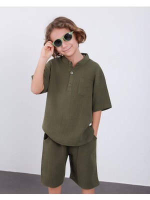 Jolly Kids Erkek Çocuk Müslin Kumaş Haki Yaka Yazlık Takım