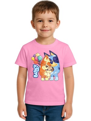 Sedirli Unisex Bluey Baskılı Çocuk Tişört Pamuklu Penye Kumaş