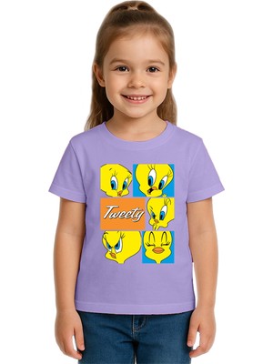 Sedirli Unisex Tweety Baskılı Çocuk Tişört Pamuklu Penye Kumaş