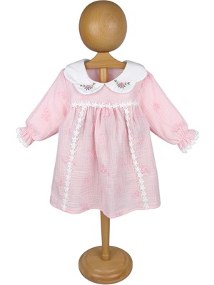 by BebekOdam Kız Bebek Pembe Nakışlı Yakalı Fistolu Müslin Elbise - 1016692
