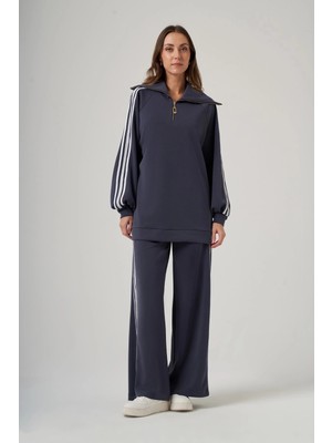 Nuss 1093 Gemici Yaka Şerit Detay Pantolonlu Takım - Lacivert