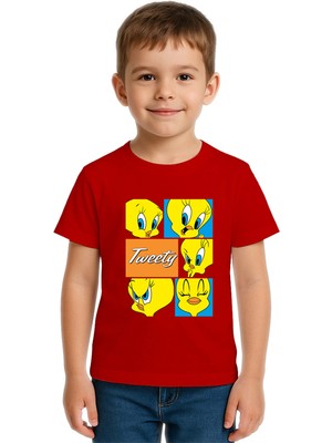 Sedirli Unisex Tweety Baskılı Çocuk Tişört Pamuklu Penye Kumaş