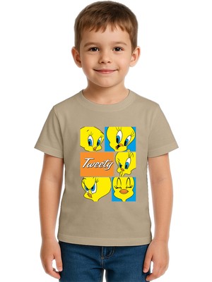 Sedirli Unisex Tweety Baskılı Çocuk Tişört Pamuklu Penye Kumaş