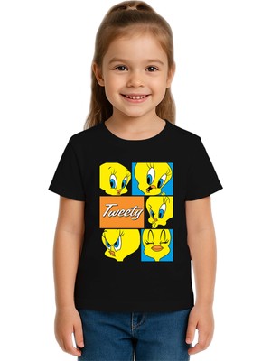 Sedirli Unisex Tweety Baskılı Çocuk Tişört Pamuklu Penye Kumaş
