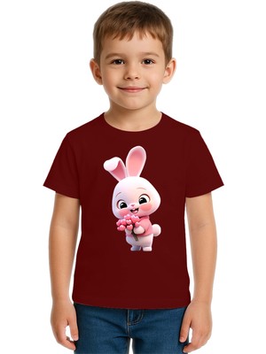 Sedirli Unisex Tavşan Rabbit Baskılı Çocuk Tişört Pamuklu Penye Kumaş