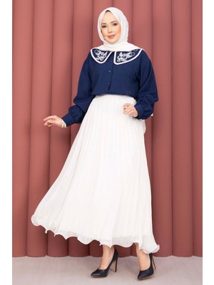 SVS Yaka Nakışlı  Etek Üstü  Gömlek Lacivert