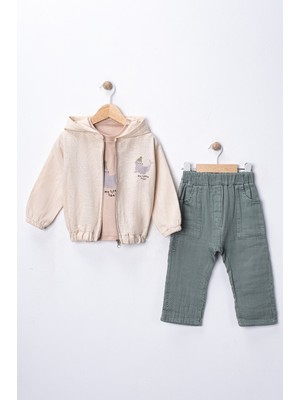 Pio Kids 6-24 Ay Minik Deniz Aslanı Baskı Kapüşon Fermuar Hırka Kalın Müslin Yıkama Pantolon 3lü