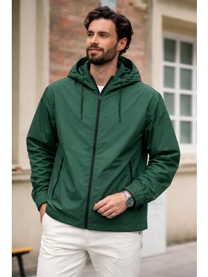 Damga Erkek Trend Yeşil Fermuarlı Yağmurluk