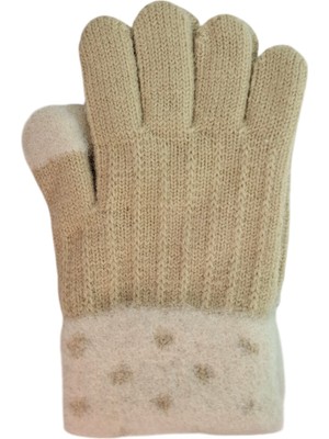 Spteks Kitti 4-8 Yaş Kız Çocuk Bej Renk Düz Çizgi Desenli Kışlık Örme Eldiven